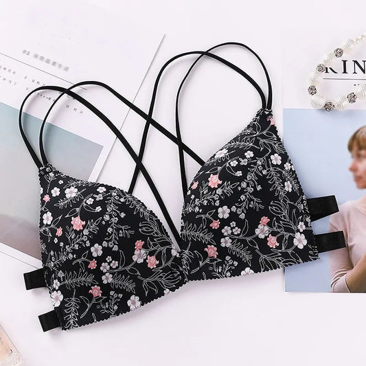 Women Flower Printed Bras Front Buckle Wireless Bralette Sexy Lingerie Comfort Push Up Floral Bras