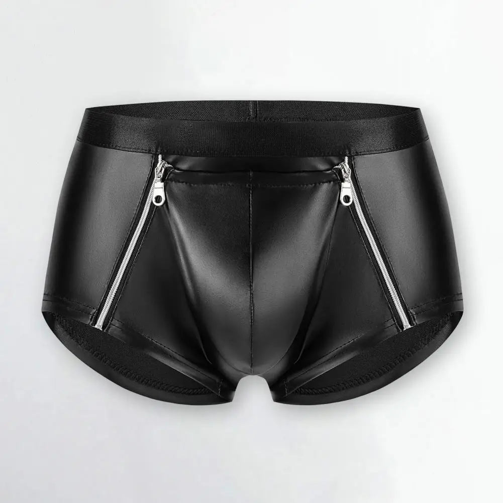 Men Double Zipper Underwear Elastic Mid-rise Hot Shorts Bulge Pouch Shorts Panties Smooth Matte Slim Fit Clubwear Underwear