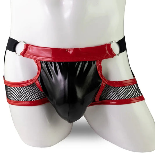 Mens Sexy Mesh Leather Short Pants For Sex Latex Sheath Underwear Sexy Hollow Patent Black Red Fetish Boxer Hot Pants Sexi