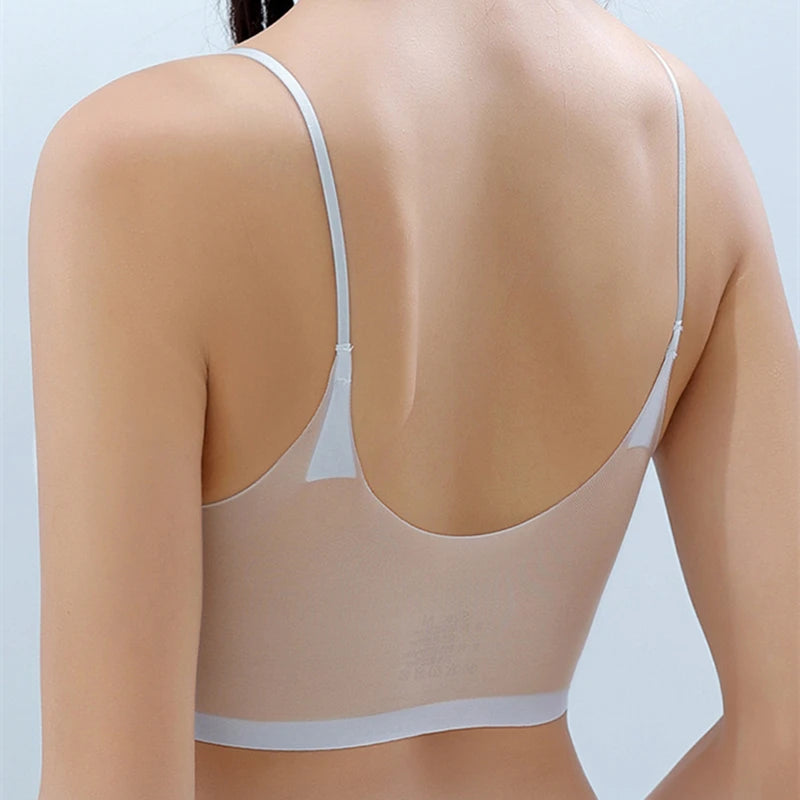 Ultra-Thin Ice Silk Seamless Underwear Women'S Thin Section Breathable Sling Sexy Beautiful Back Vest Big Chest Small Sleep Bra