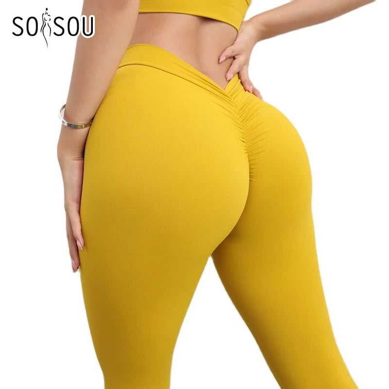 SOISOU New Nylon Yoga Leggings Women's Pants Gym Sport Fitness Outfit Women High Waist Elastic Tight Breathable V-shaped Hip