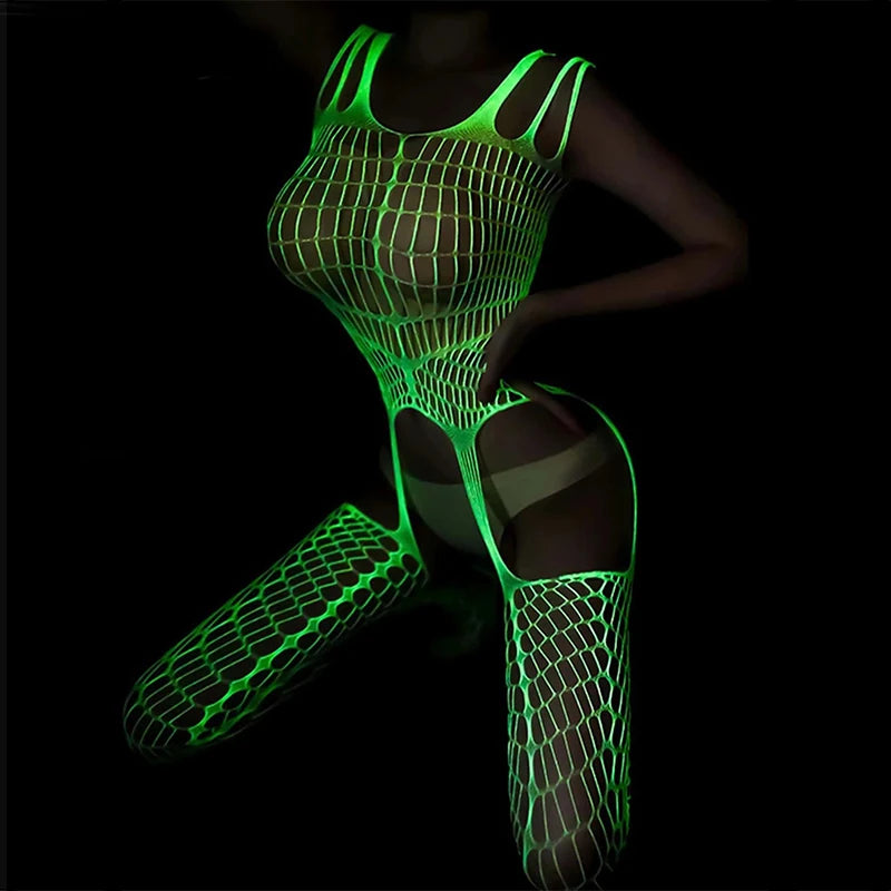 Luminous Crotchless Fishnet Bodysuit - Sexy Erotic Lingerie for Women