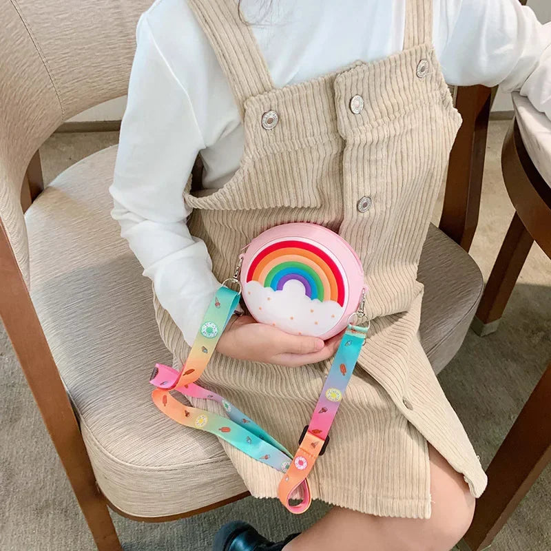 Round Donut Crossbody Bag Child Girl Children Shoulder Bag Adjustable Strap Vacation Travel Rainbow Printed Pocket Package