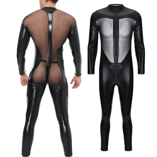 Men's Erotic Tight Leather Zipper Bodysuit - Sexy Long Sleeve Catsuit Jumpsuit for Nightclub Wear and Stage Performance
