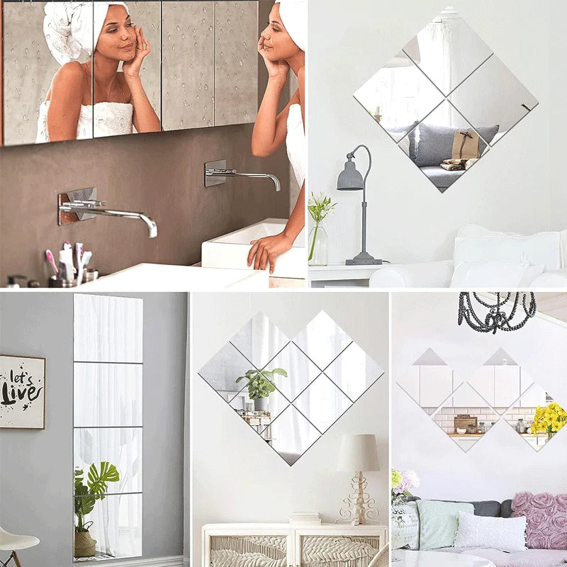 12pcs Self Adhesive Mirror Sheets - Flexible Non-Glass Mirrors, Removable 3D Wall Stickers for Home, Bedroom, and Living Room Decor