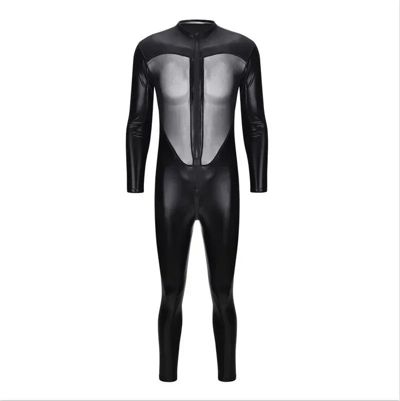 Men's Erotic Tight Leather Zipper Bodysuit - Sexy Long Sleeve Catsuit Jumpsuit for Nightclub Wear and Stage Performance
