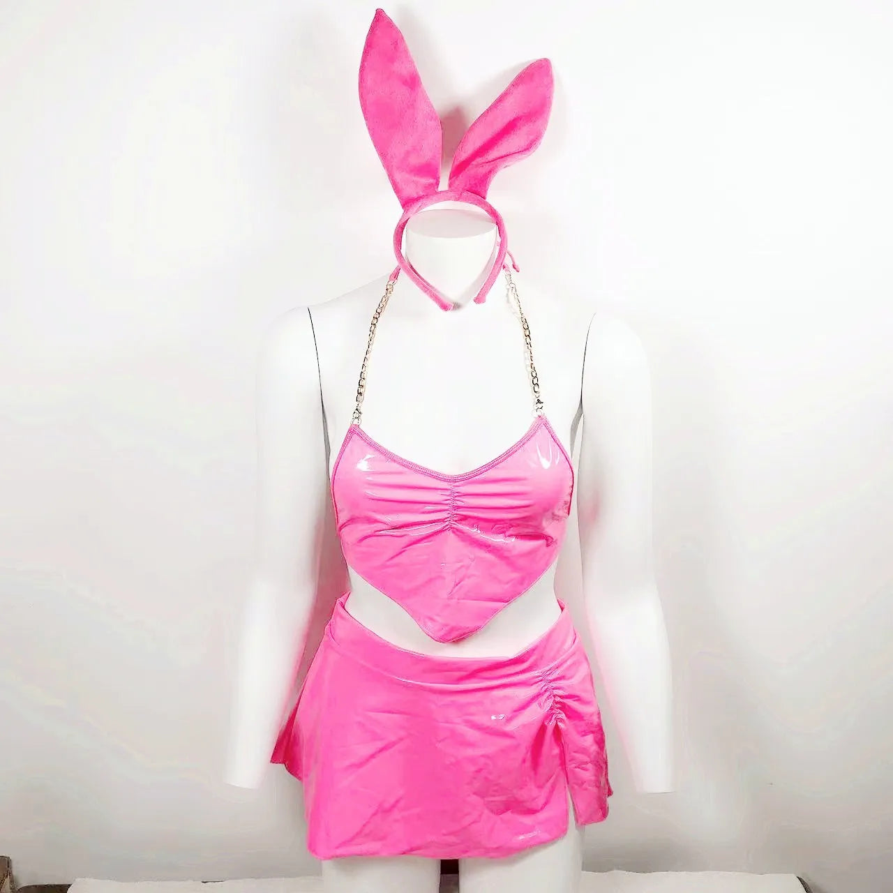 Ellolace Neon Pink Latex Lingerie Set: 3-Piece Bunny Costume for Women - Sexy PVC Nightclub Outfit