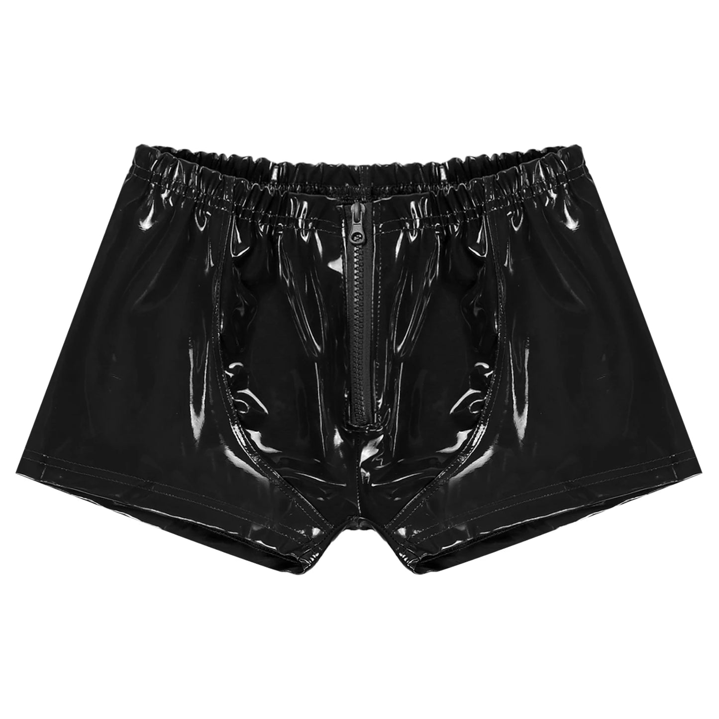 Men's Wet Look Patent Leather Boxer Briefs - Shiny Zipper Front Underwear for Nightclub Party and Stage Performance