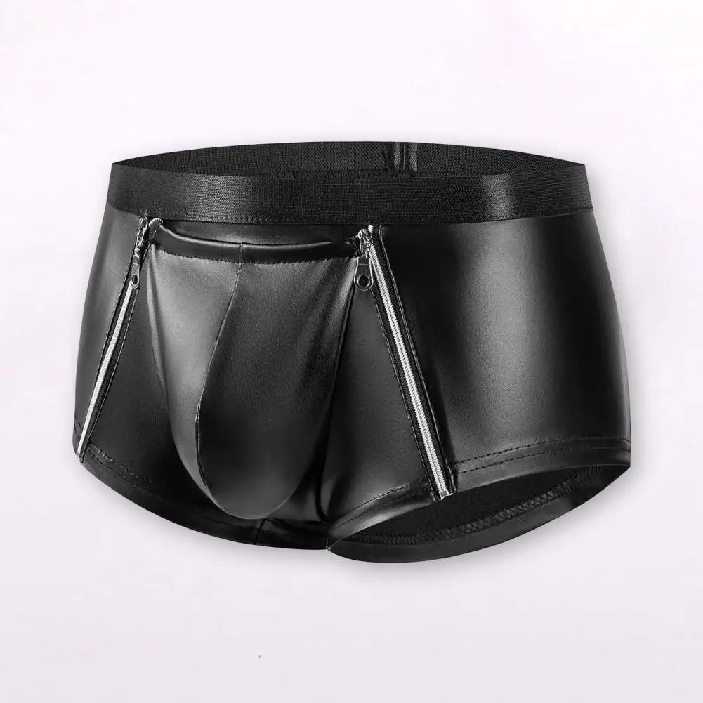 Men Double Zipper Underwear Elastic Mid-rise Hot Shorts Bulge Pouch Shorts Panties Smooth Matte Slim Fit Clubwear Underwear