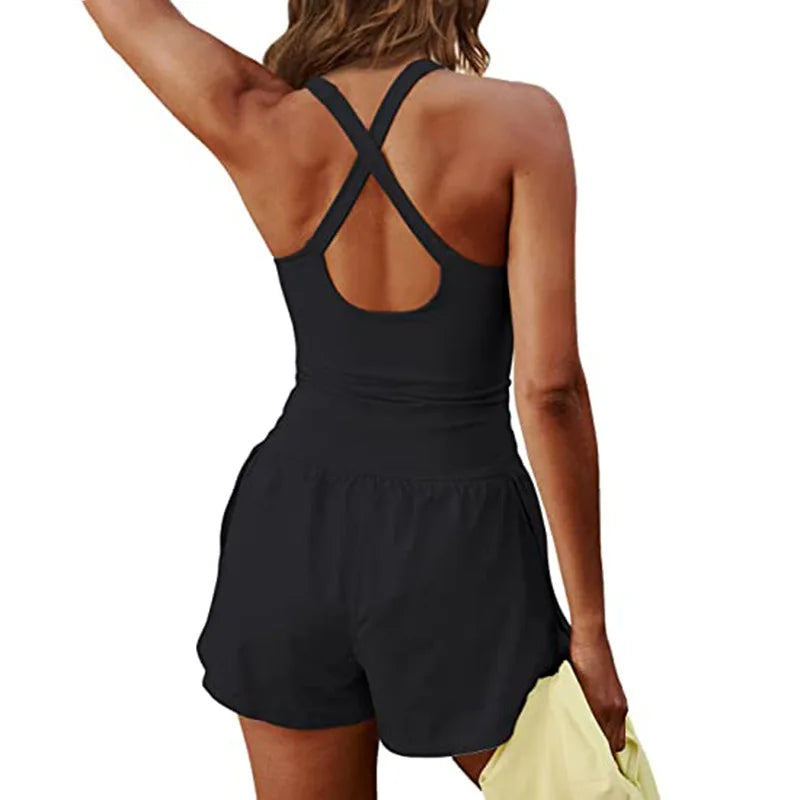 Women's Summer Workout Romper Sleeveless Solid Color Jumpsuit Shorts 1Piece Outfit Running Exercise Gym Yoga Clothes