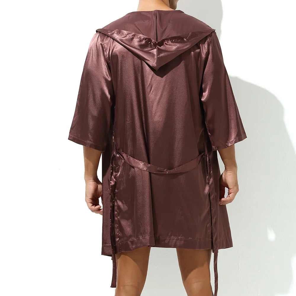 Men's Hooded Silk Satin Bathrobe and Shorts Set - Luxurious Nightwear for Elegant and Sensual Comfort