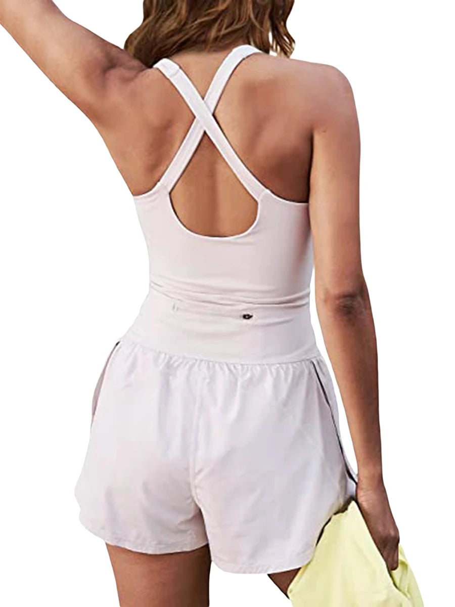 Women's Summer Workout Romper Sleeveless Solid Color Jumpsuit Shorts 1Piece Outfit Running Exercise Gym Yoga Clothes