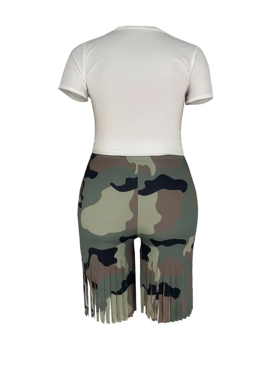 LW Plus Size Shorts Set Camo Tassel Y2k Graphics Top Shorts Set Femme Short Sleeve Two Pieces Set Casual women's Macthing Outfit